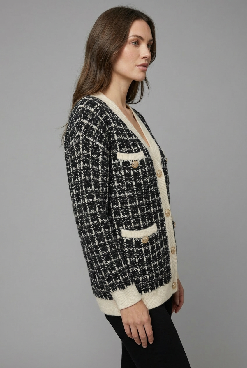 Stylish V-neck knit cardigan for women, in elegant tweed-style, a perfect piece for chic autumn/winter fashion.