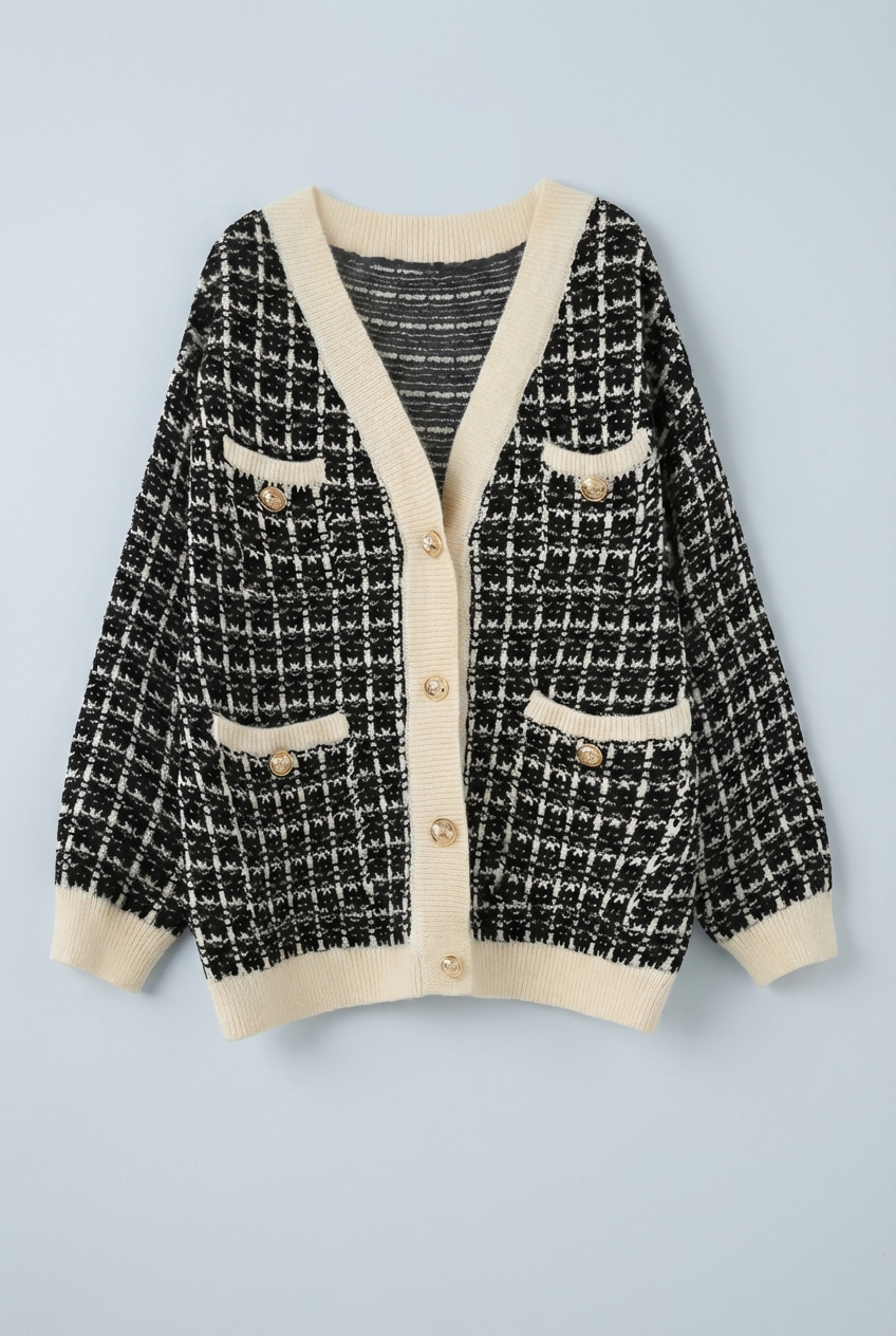 Textured tweed-style knit women's cardigan with gold buttons, providing elegant & cozy autumn/winter warmth.