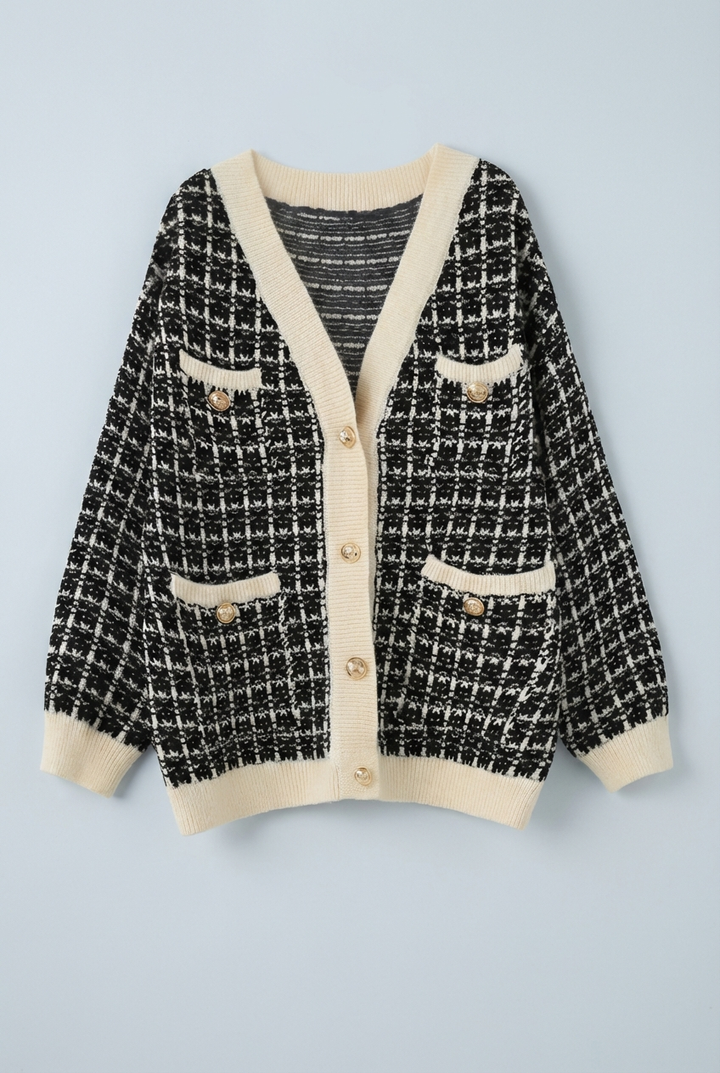 Textured tweed-style knit women's cardigan with gold buttons, providing elegant & cozy autumn/winter warmth.