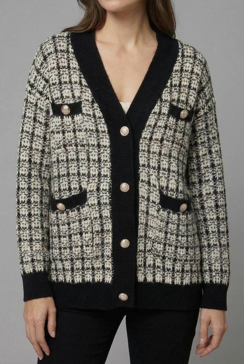 Women's elegant V-neck knitwear cardigan with gold buttons, offering a versatile tweed-style for layering.