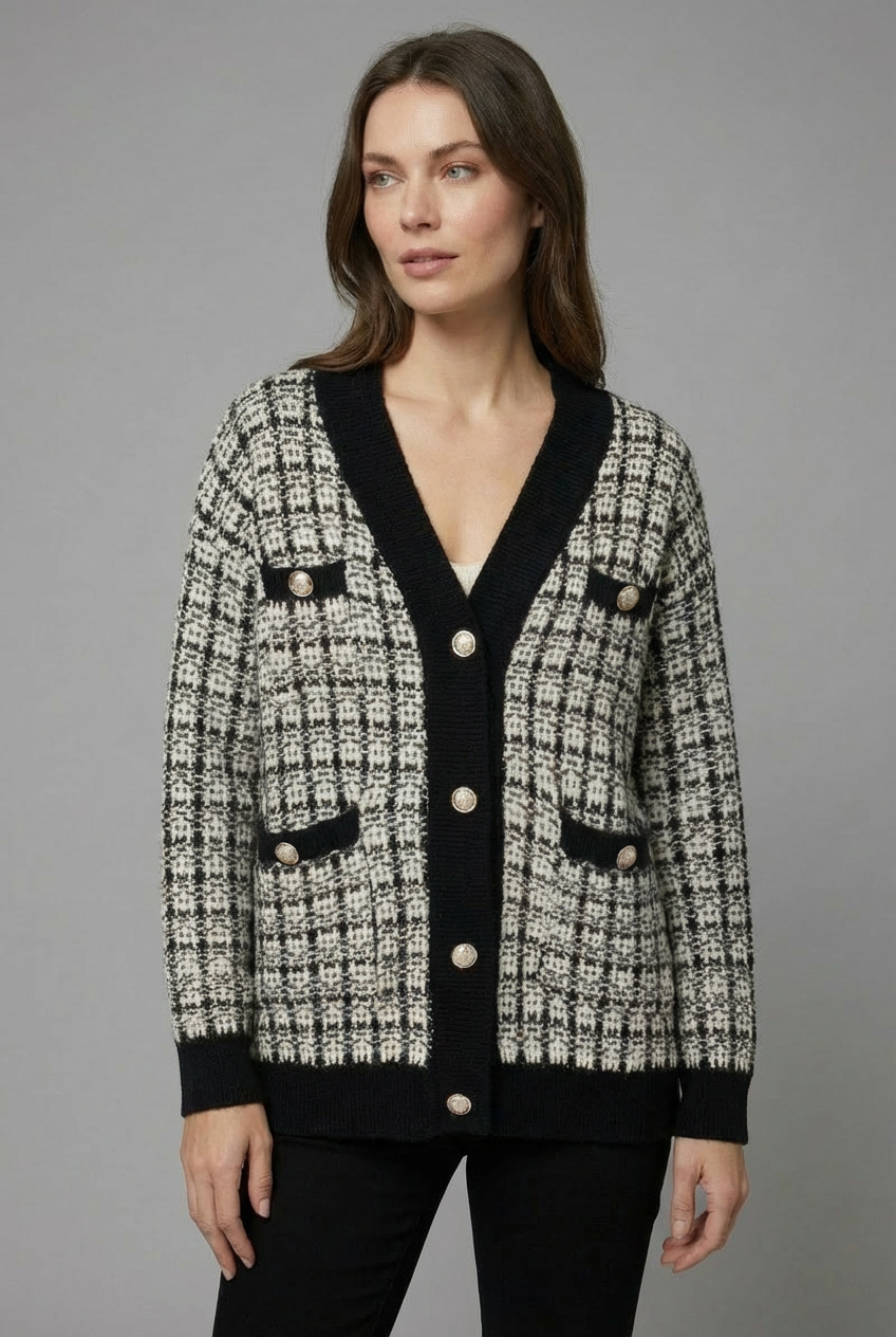 Fashionable women's tweed-style knit cardigan, a comfortable & chic choice for elegant autumn & winter outfits.