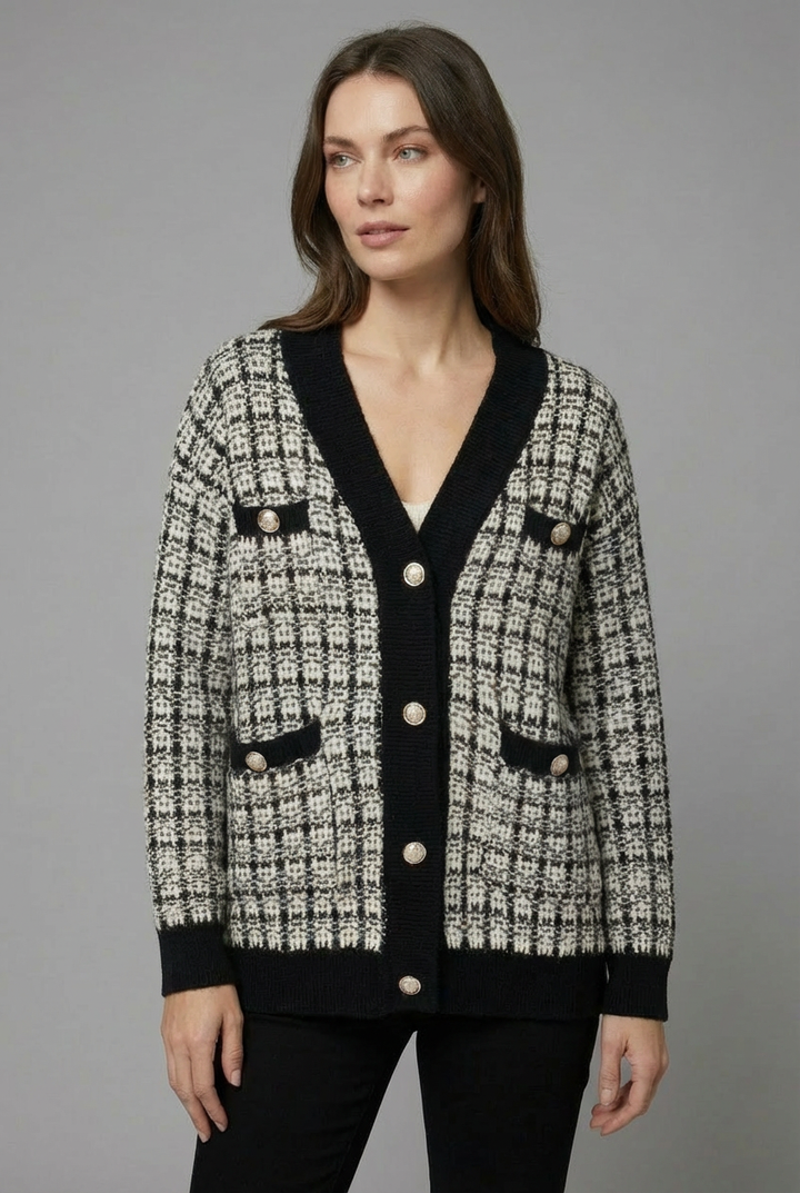 Fashionable women's tweed-style knit cardigan, a comfortable & chic choice for elegant autumn & winter outfits.