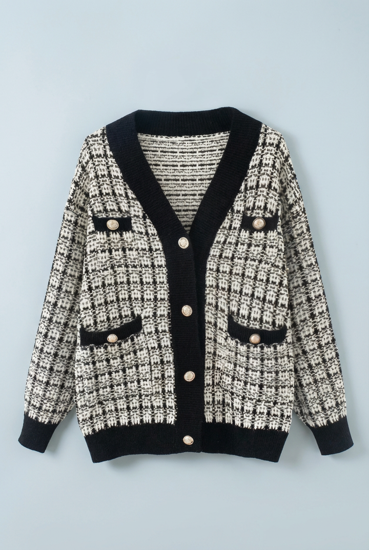 Delicate tweed-style knit cardigan for women, with elegant gold buttons & a flattering V-neck, perfect for cozy layering.