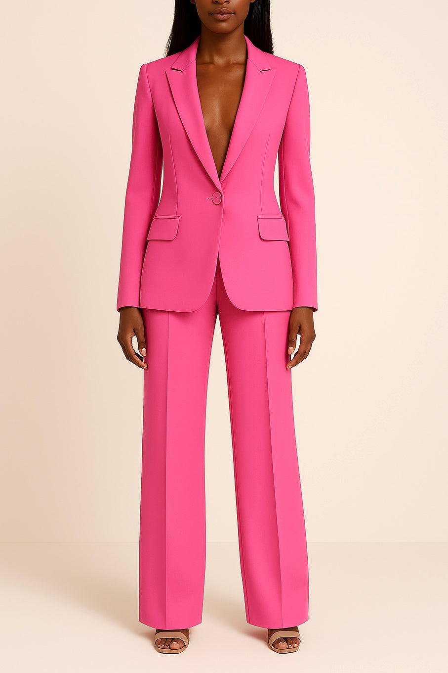 Tailored women's blazer & matching trousers suit set. Ideal for professional business meetings.