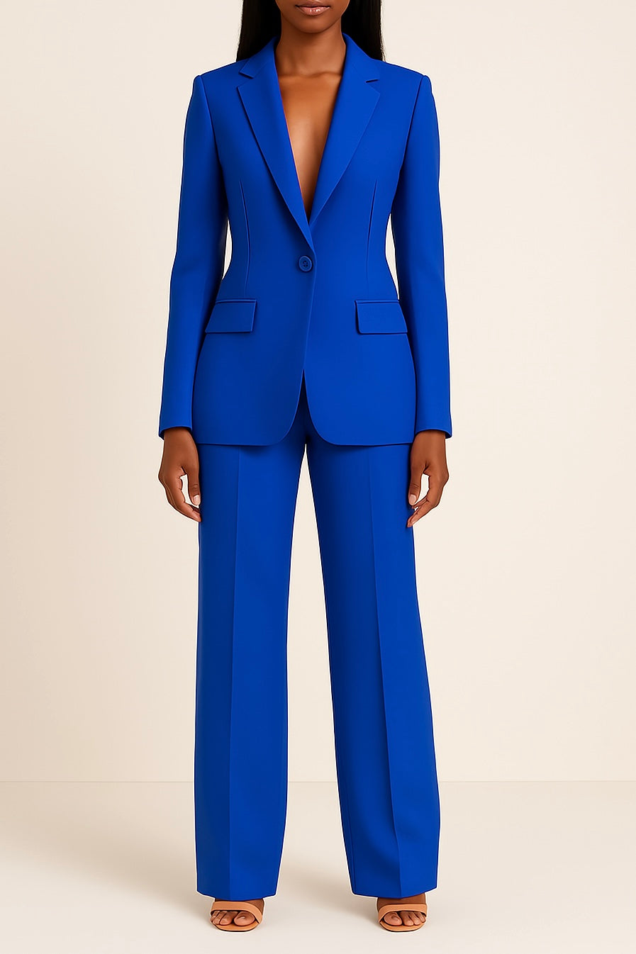 Stylish women's two-piece suit for versatile professional fashion. Includes elegant blazer & trousers.