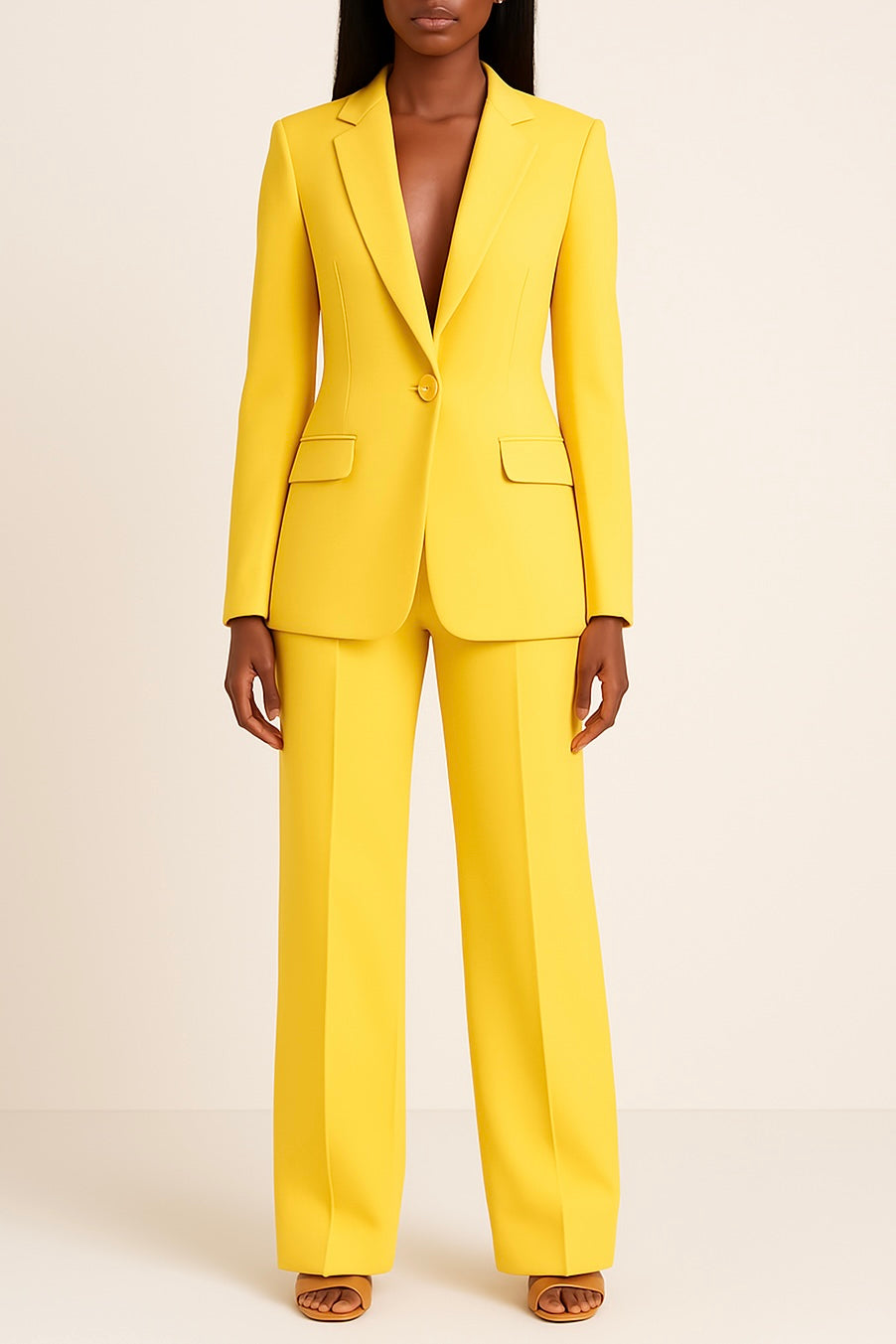 Chic women's two-piece suit: elegant blazer and trousers for a polished professional office look.