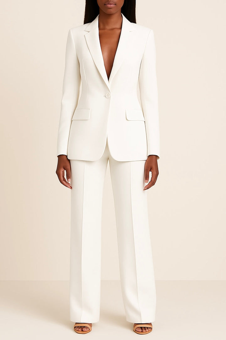 Modern women's tailored blazer suit set. A professional two-piece outfit for office and business.