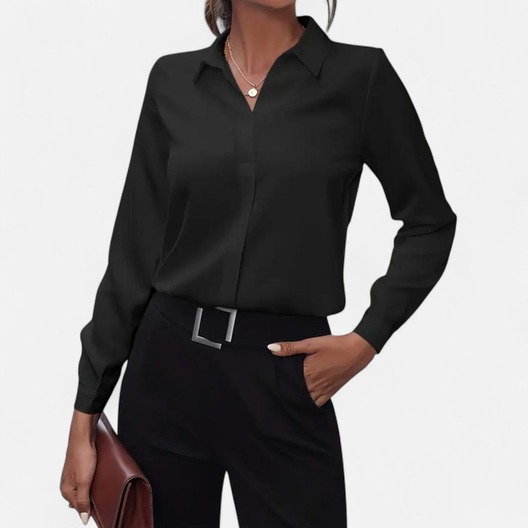 Elegant women's V-neck button-up blouse, perfect for office wear or casual chic. Long sleeve for versatile fashion.
