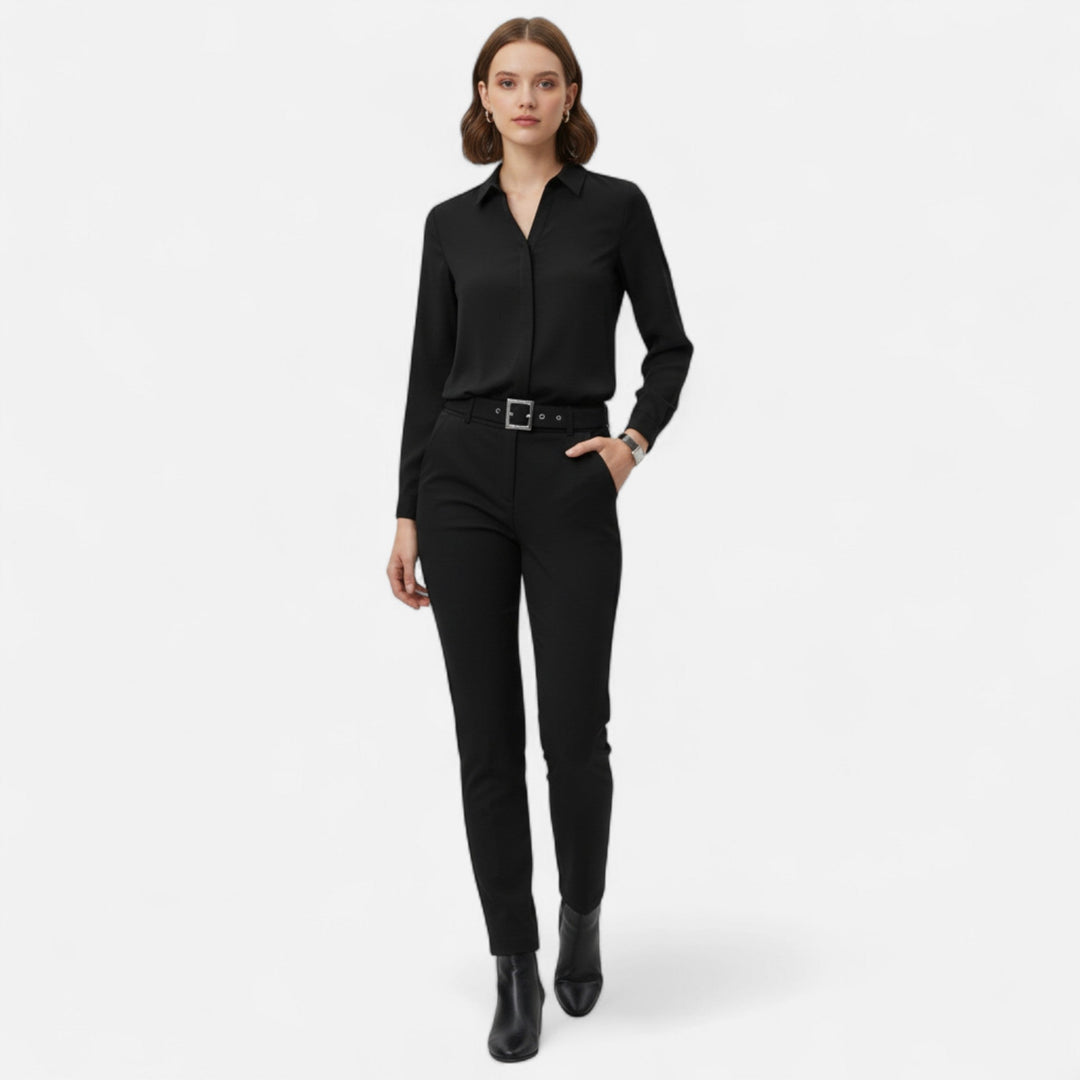 Sophisticated women's long sleeve V-neck blouse, button-up design. Ideal for elegant office or versatile daily wear.