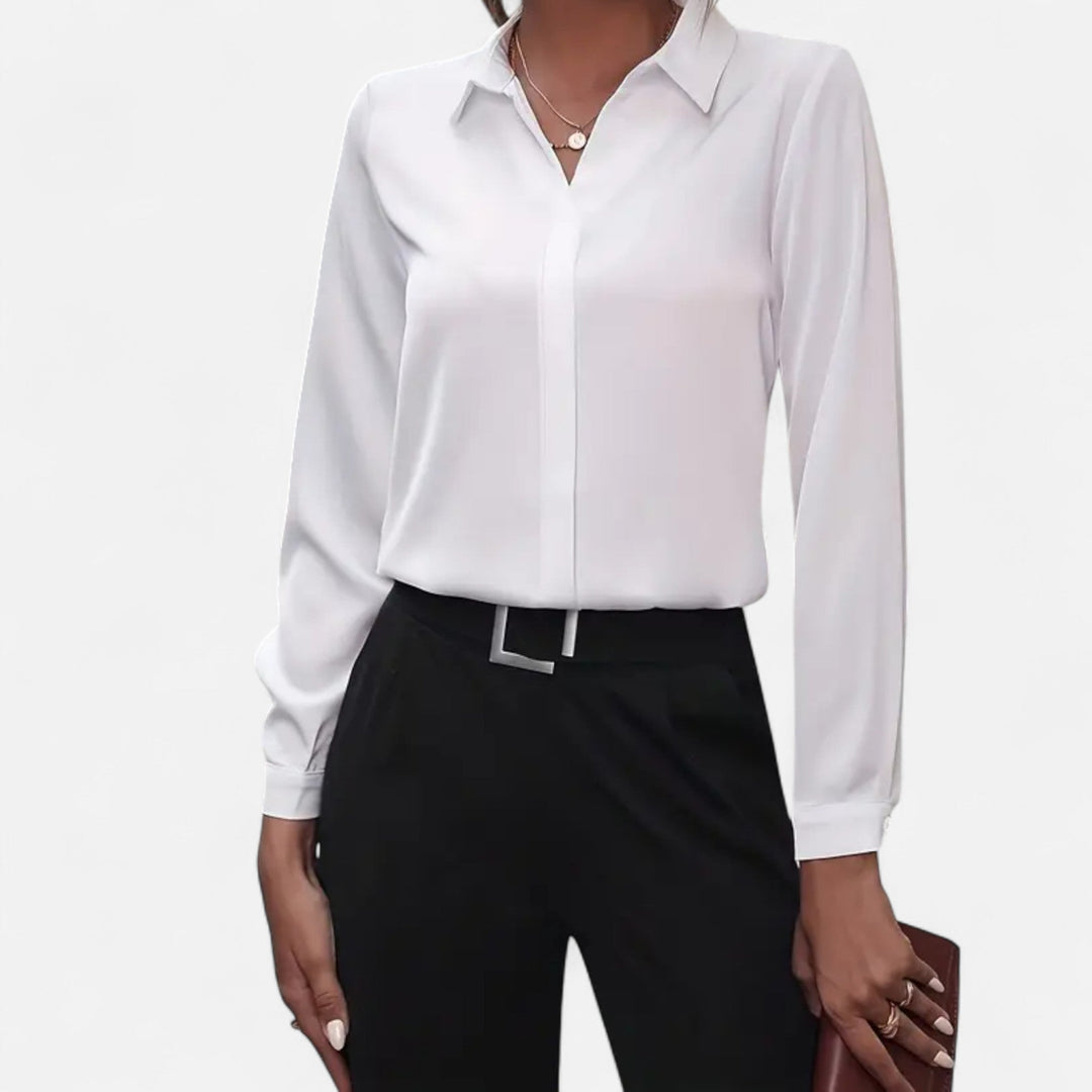 Chic women's V-neck button-up long sleeve blouse. Elegant and versatile womenswear, suitable for office & casual.