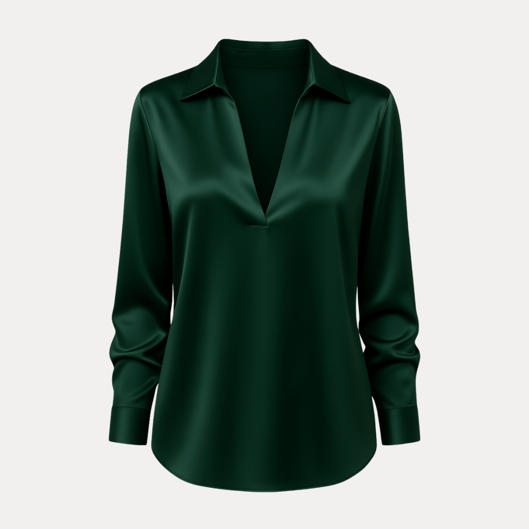 Elegant women's V-neck long sleeve smart blouse for professional office wear.
