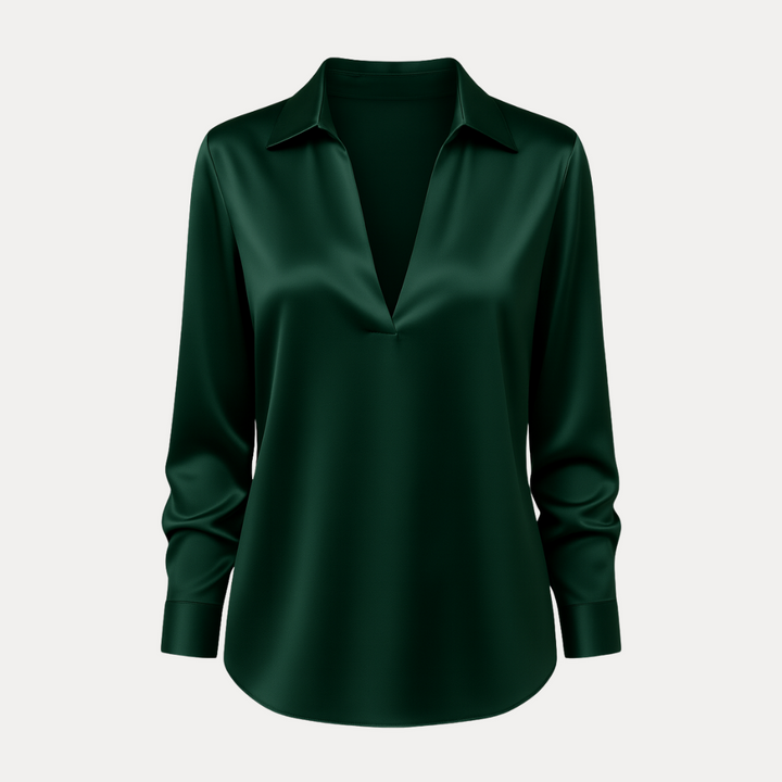 Elegant women's V-neck long sleeve smart blouse for professional office wear.