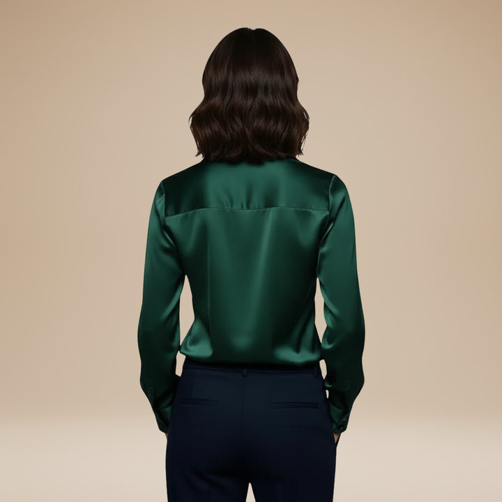 Professional women's long sleeve V-neck top, a sophisticated choice for work.