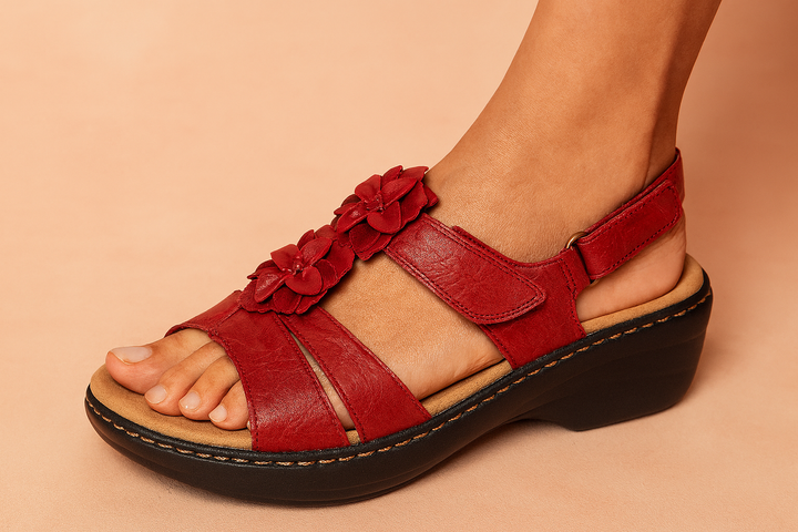 Comfortable women's wedge sandals with stylish floral details & adjustable straps for a perfect summer fit.