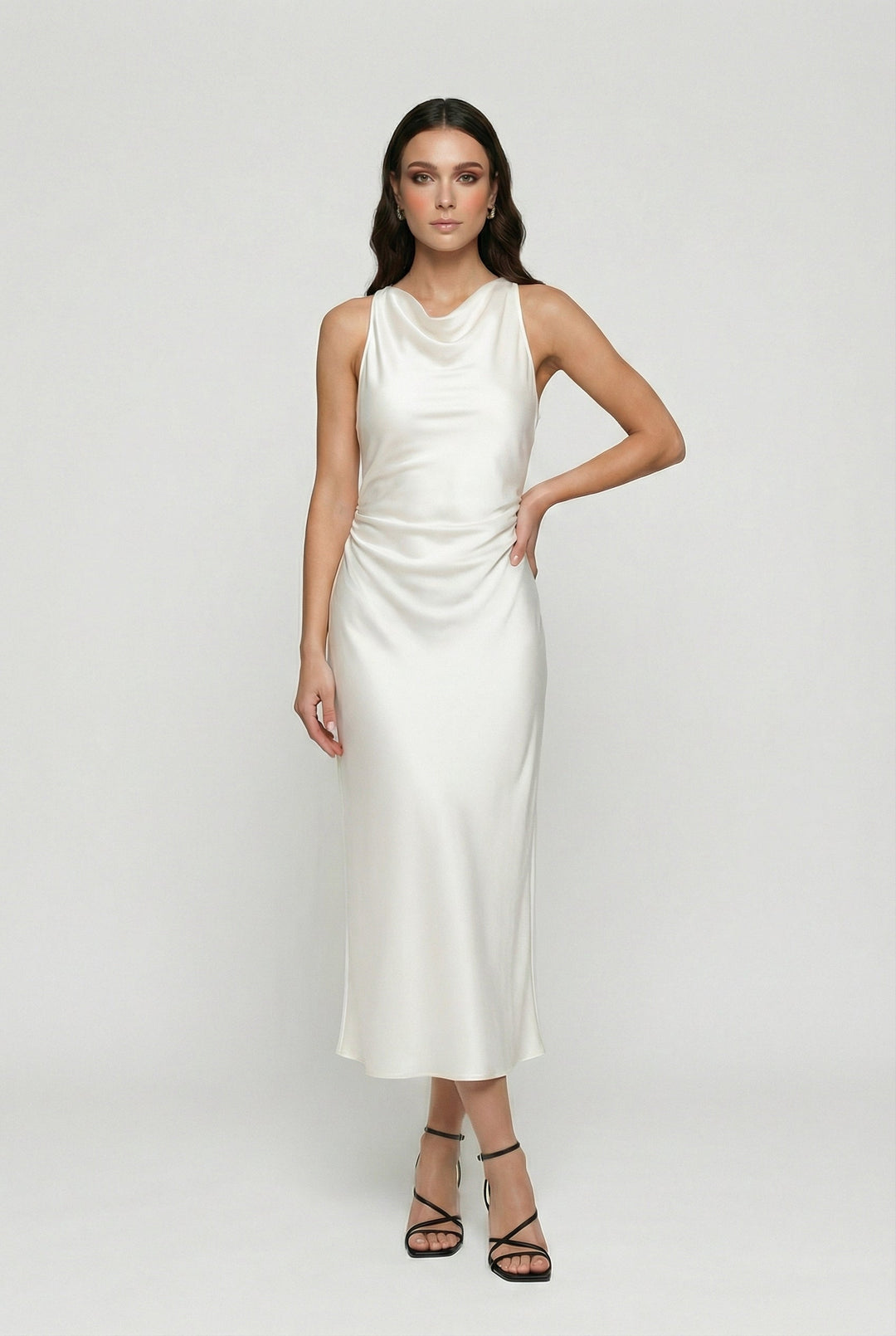 Sleeveless white ruched midi dress for women, featuring a stylish cowl neck design.