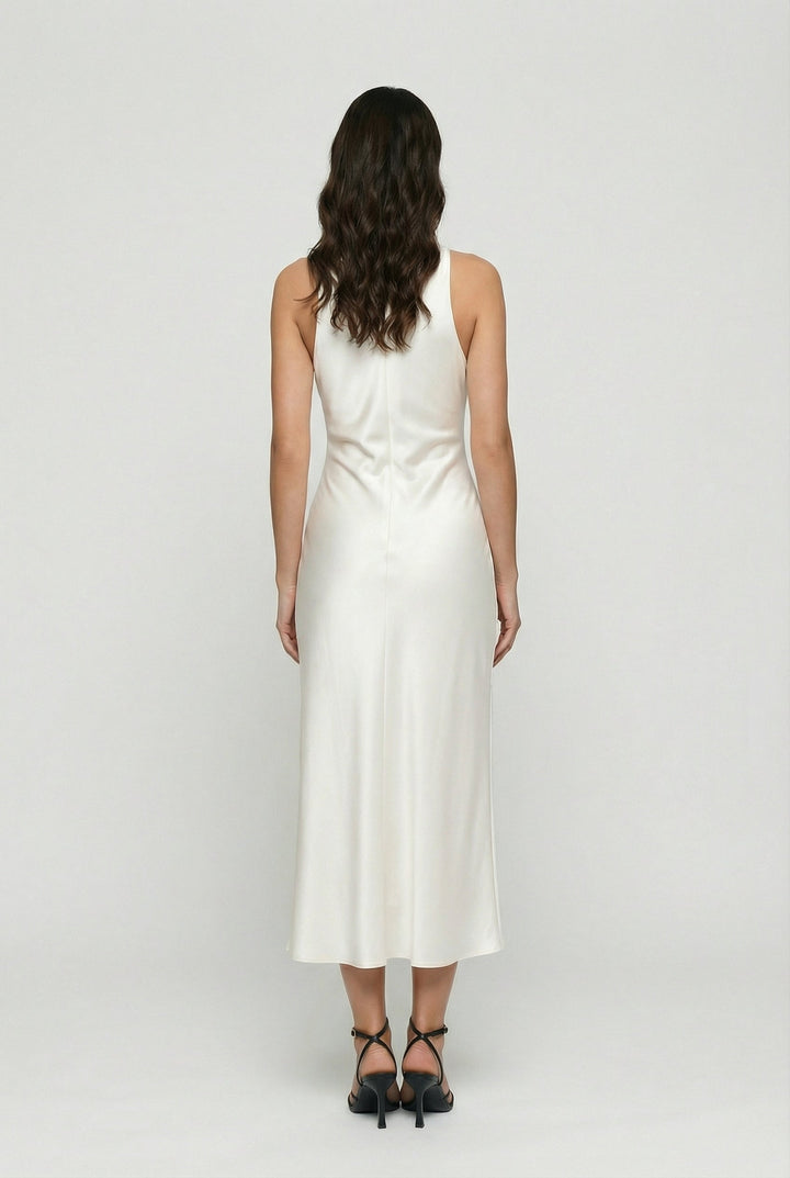 Women's white formal wear midi dress with a flattering cowl neck and elegant ruching.