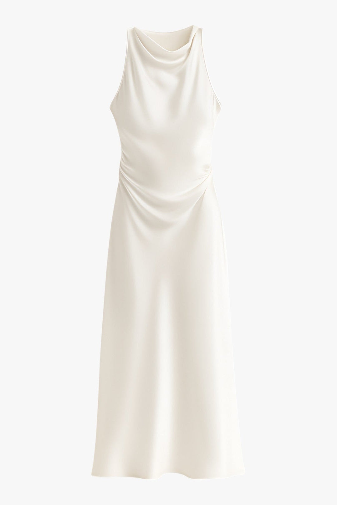 Chic white evening dress for women, a ruched midi style with a graceful sleeveless cowl neck.