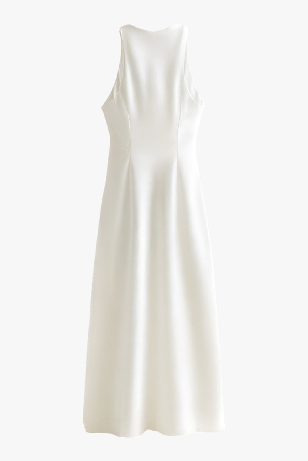 A women's white cowl neck ruched midi dress, ideal as a sleeveless occasion or formal dress.