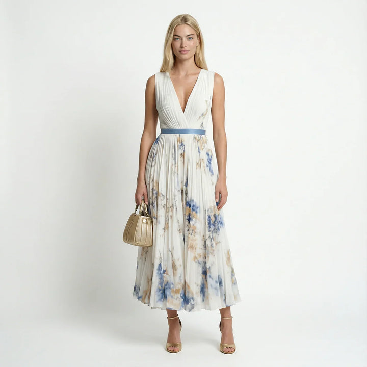 Elegant women's white floral pleated V-neck maxi dress, ideal for summer events & parties.