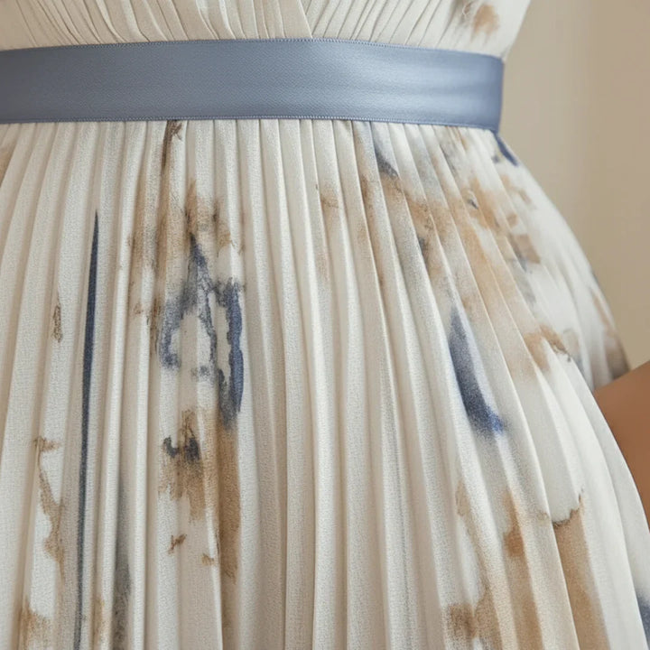 Side profile of a women's flowy floral pleated maxi dress, highlighting elegant summer style.