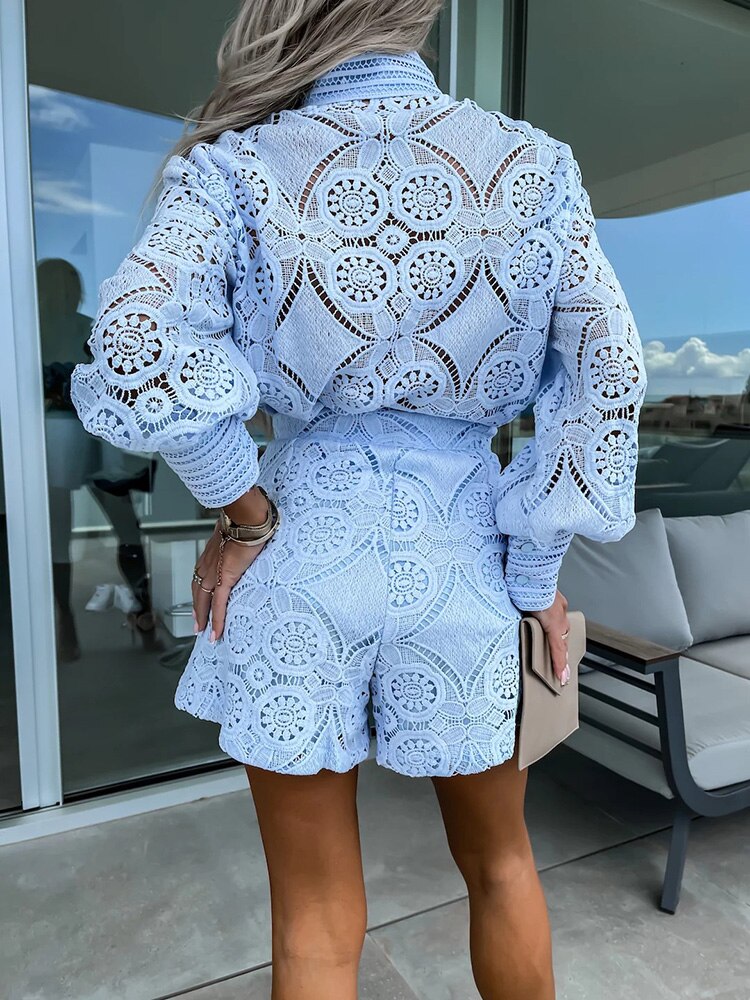 Women's elegant lace long sleeve blouse & high-waist shorts two-piece set for summer.