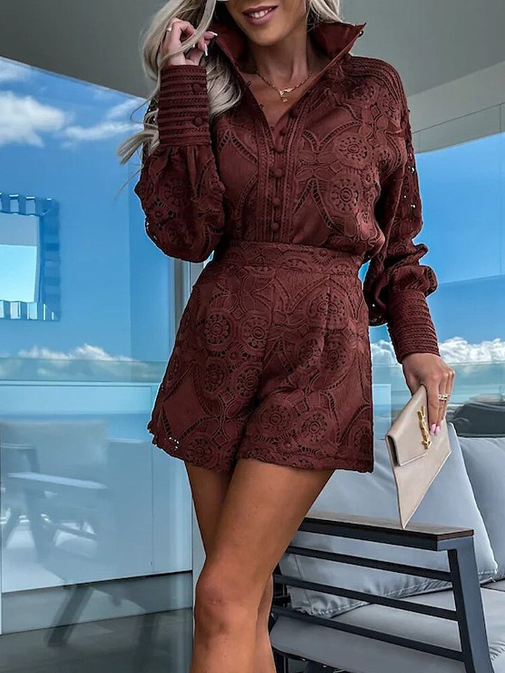 Breathable boho chic women's lace blouse & high-waist shorts set. Perfect for warm weather.