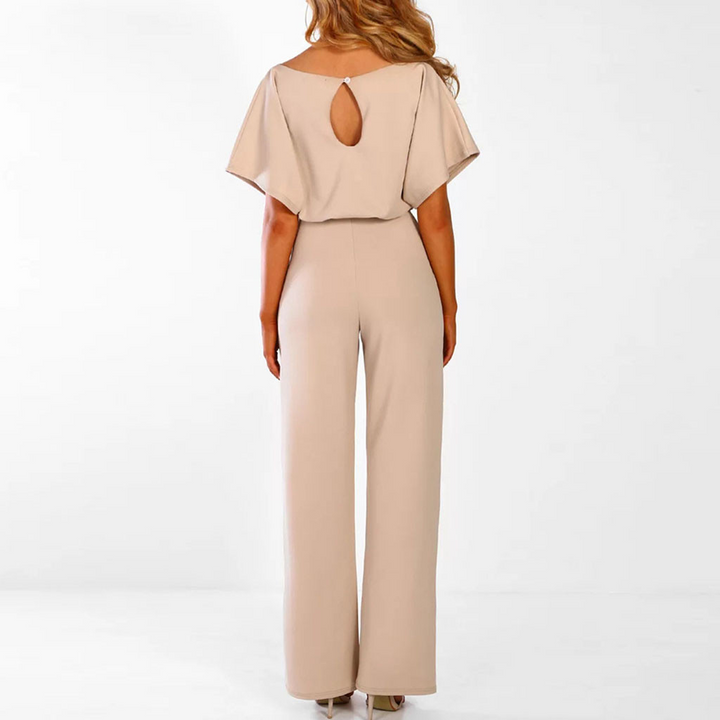Versatile women's formal wide leg jumpsuit with flutter sleeves, ideal for evening events & occasion wear.