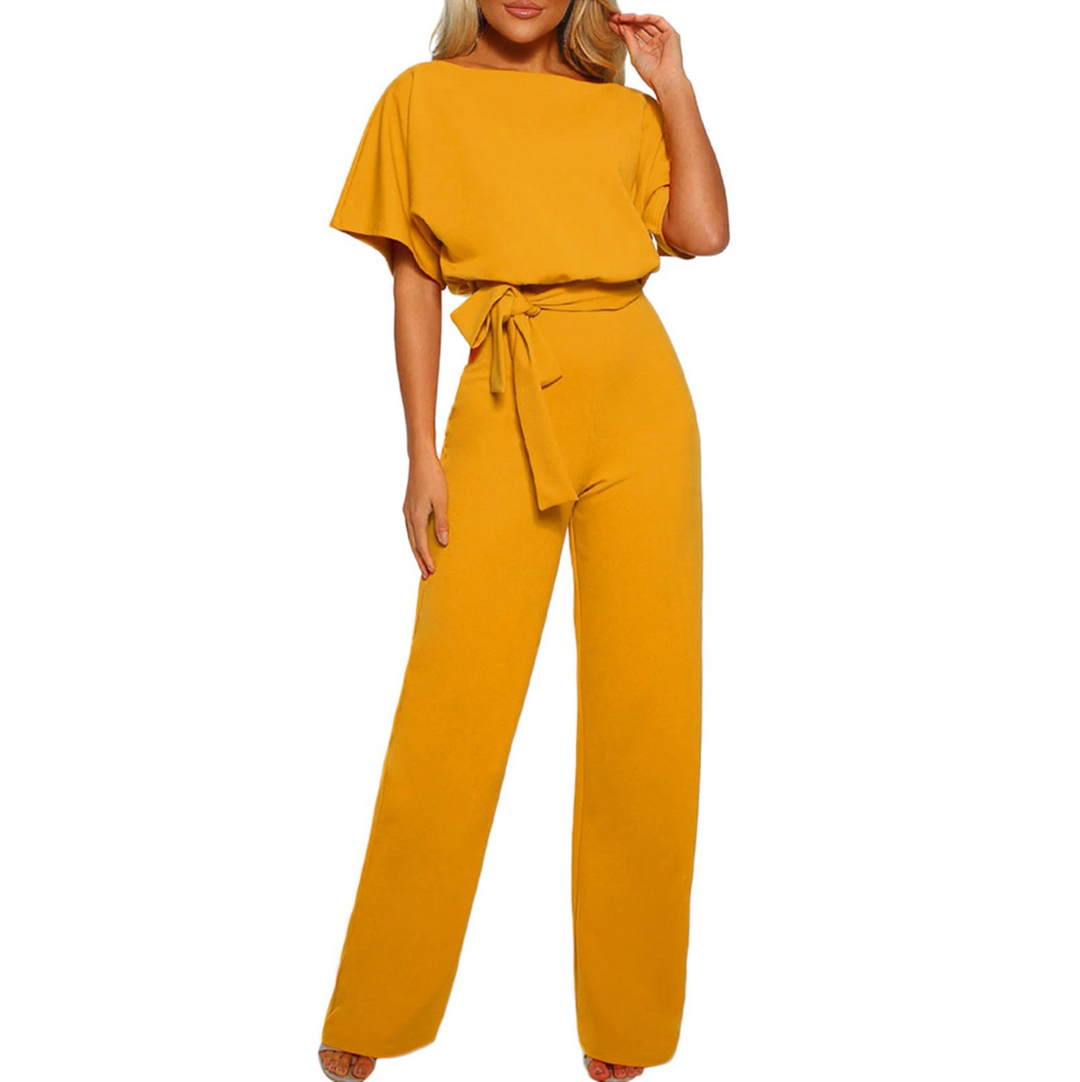 Stylish women's wide leg jumpsuit featuring delicate flutter sleeves, a must-have for chic fashion.