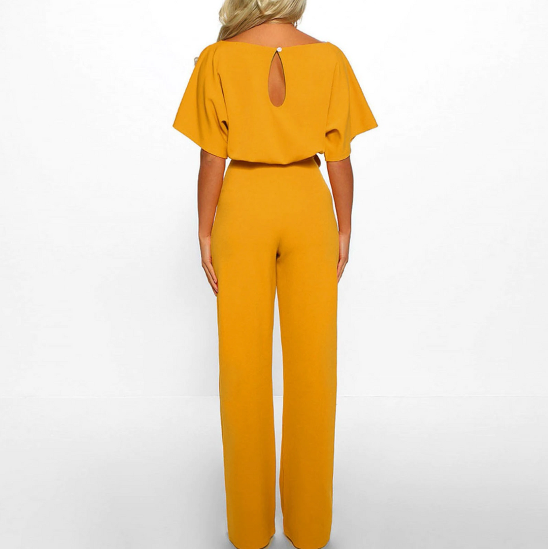 Comfortable & elegant women's wide leg jumpsuit with flutter sleeves, great for any special occasion.