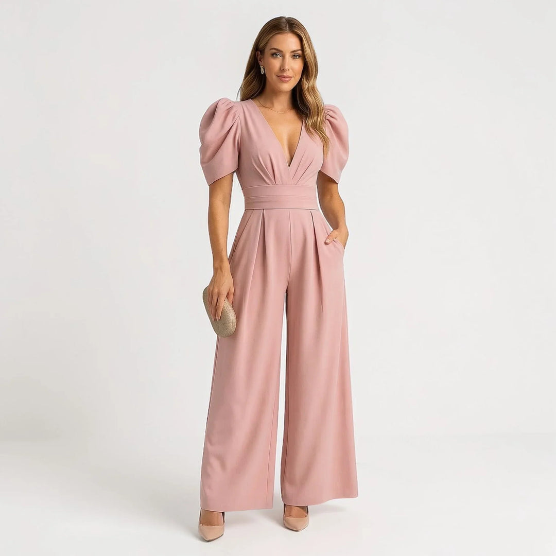 Elegant women's wide leg jumpsuit with puff sleeves, perfect for formal occasions & party wear.
