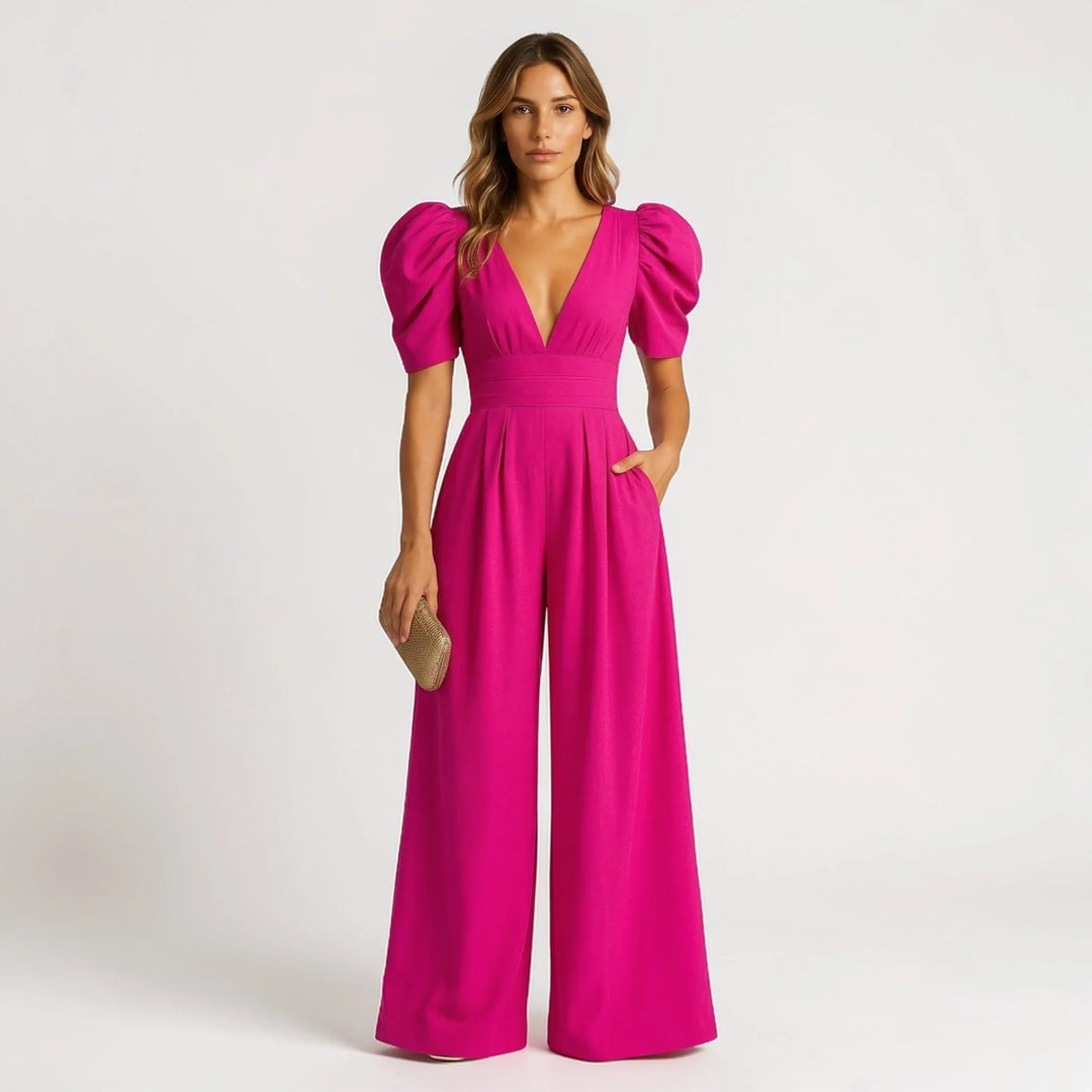 Comfortable & stylish women's wide leg jumpsuit with elegant puff sleeves, ideal for formal fashion.