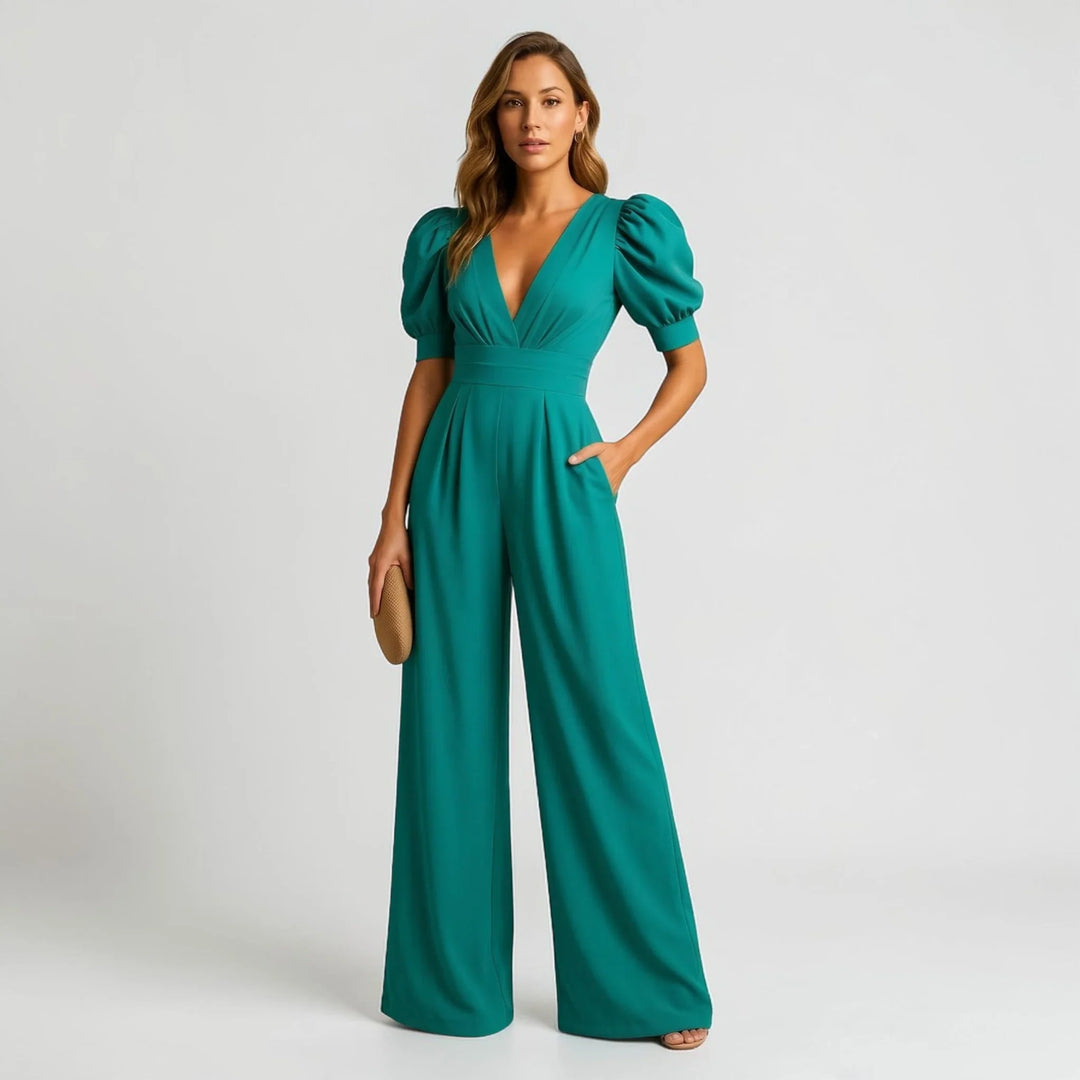 Elegant women's wide leg jumpsuit showcasing unique puff sleeves, a sophisticated choice for events.