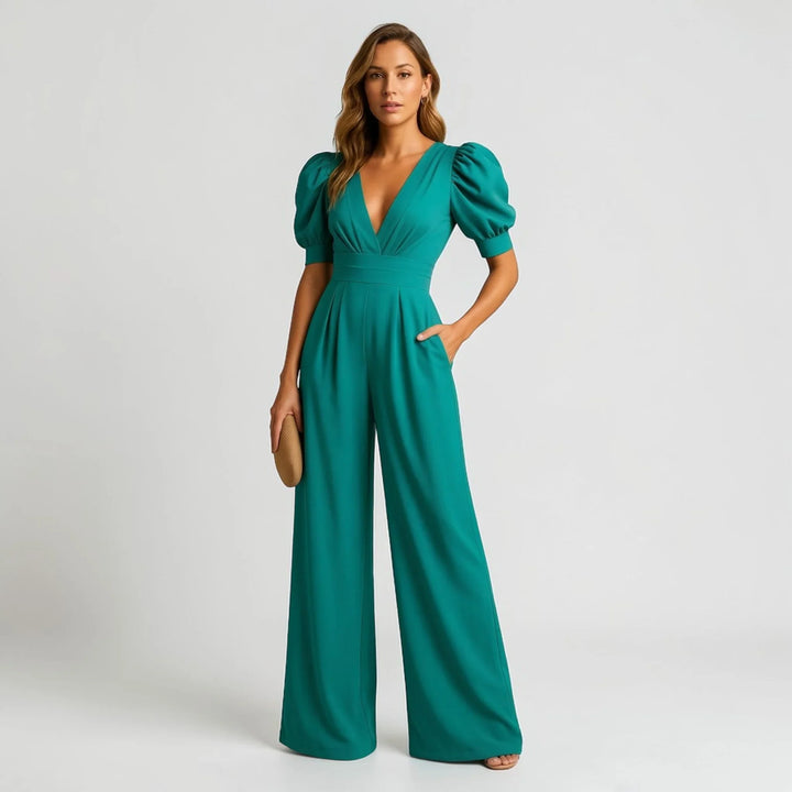 Elegant women's wide leg jumpsuit showcasing unique puff sleeves, a sophisticated choice for events.