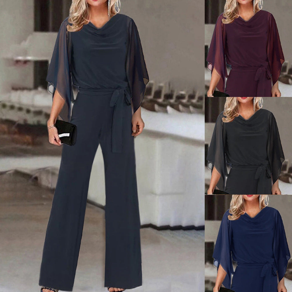Elegant women's wide neckline jumpsuit with draped sleeves & wide leg for sophisticated evening wear.