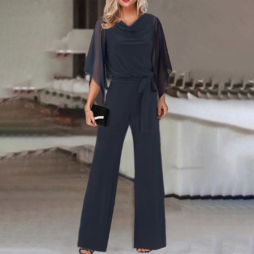 Comfortable women's wide leg jumpsuit with draped sleeves, perfect for elegant casual chic or evening fashion.