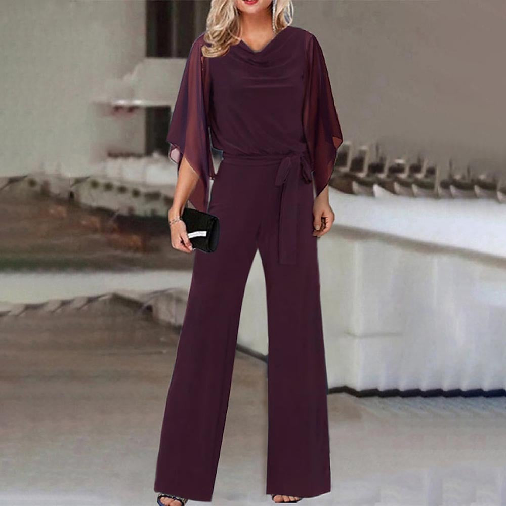 Stylish women's one-piece jumpsuit featuring a wide neckline, flowy draped sleeves, and a flattering wide leg design.
