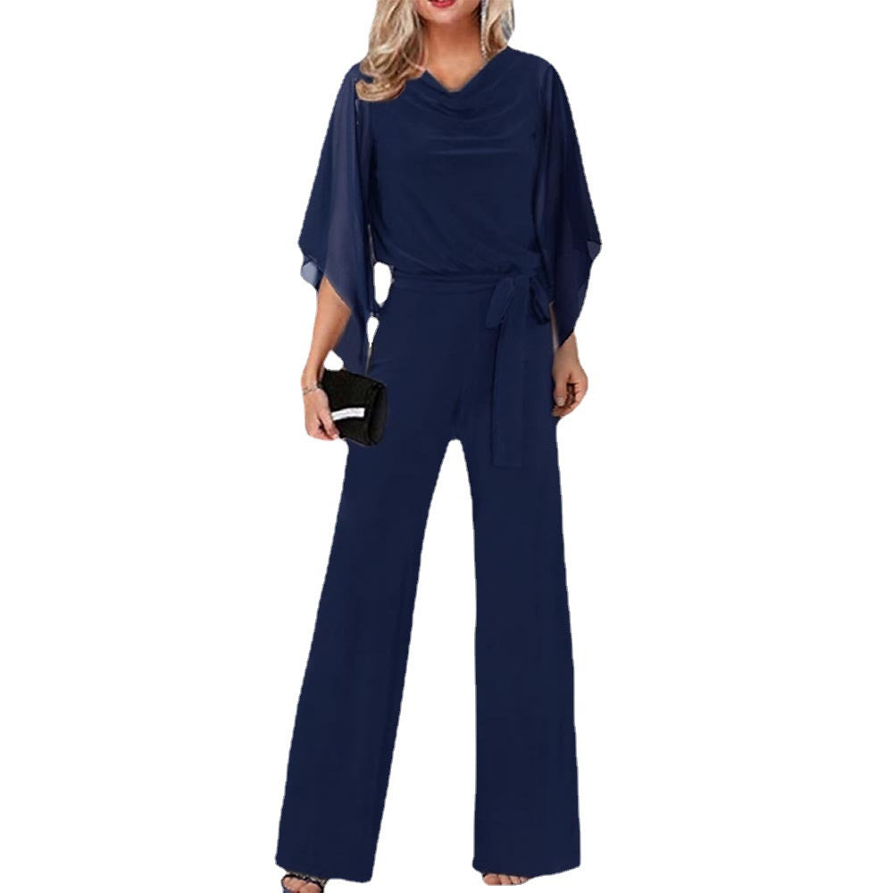 Chic women's wide neckline jumpsuit with elegant draped sleeves and a comfortable wide leg, perfect for sophisticated style.