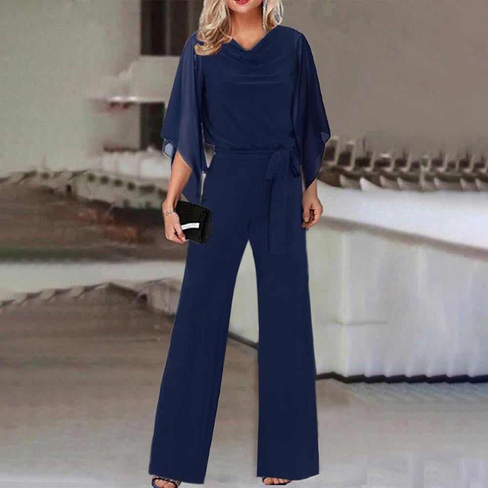 Versatile women's elegant one-piece jumpsuit with a wide neckline, graceful draped sleeves, and a comfortable wide leg.