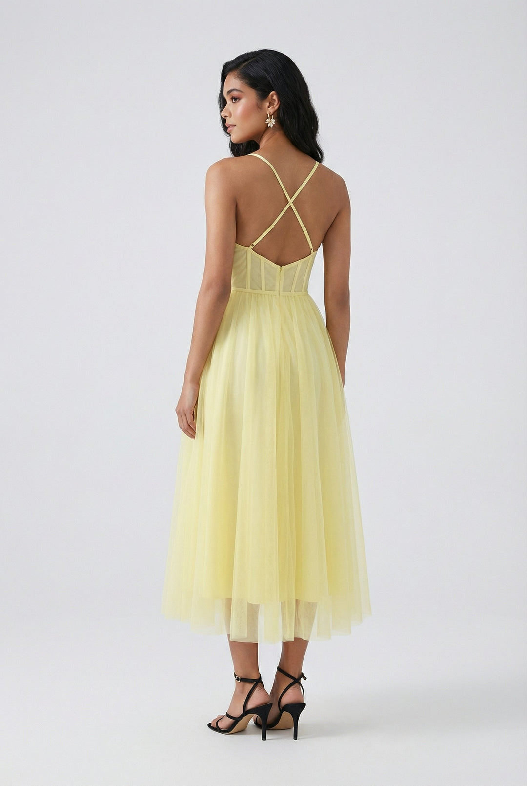 Stunning yellow formal midi dress with corset, ideal for elegant summer evening events, parties, or weddings.