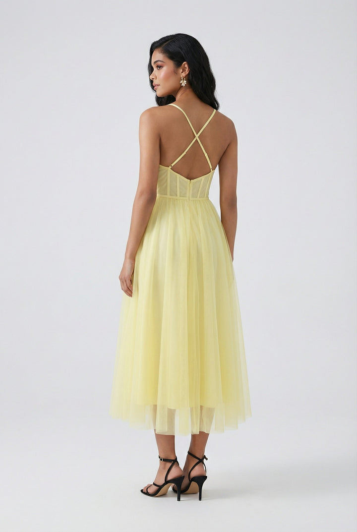 Stunning yellow formal midi dress with corset, ideal for elegant summer evening events, parties, or weddings.