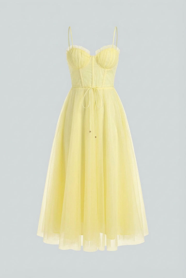 Stylish women's yellow midi dress, a sleeveless A-line corset design offering an elegant look for summer parties.