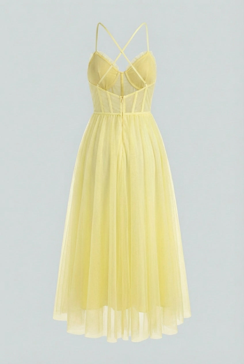 Vibrant yellow women's corset midi dress with a flowing A-line skirt, ideal for elegant summer occasion wear.