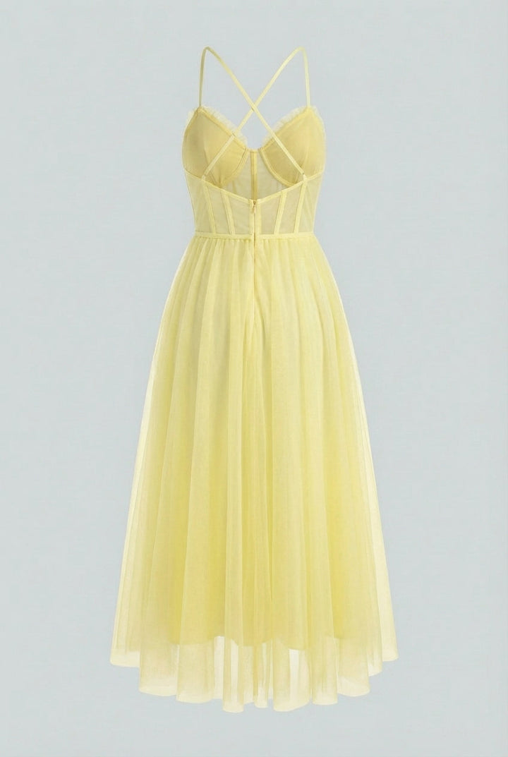 Vibrant yellow women's corset midi dress with a flowing A-line skirt, ideal for elegant summer occasion wear.