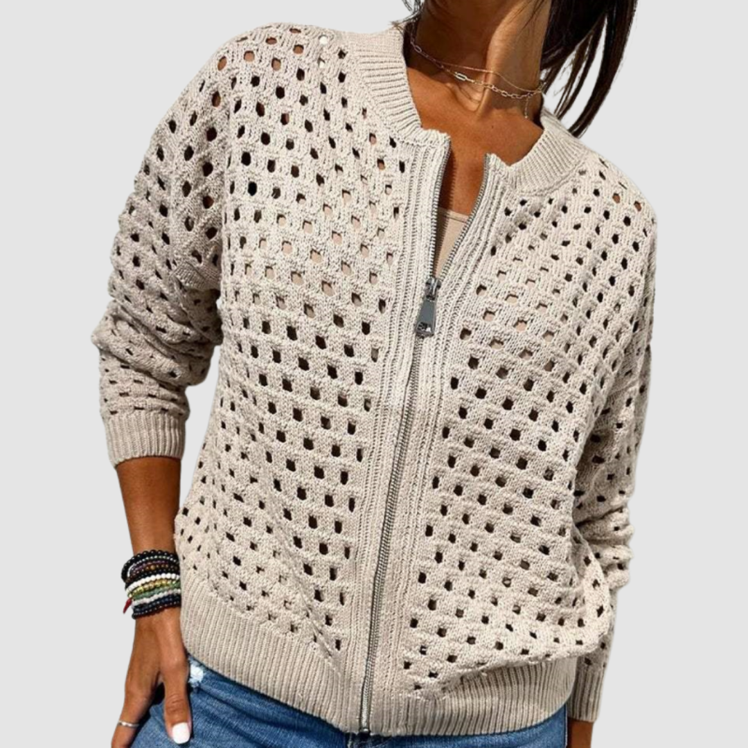 Elegant women's zipper cardigan. Long sleeve, relaxed fit, chic layering outerwear for fall & winter fashion.