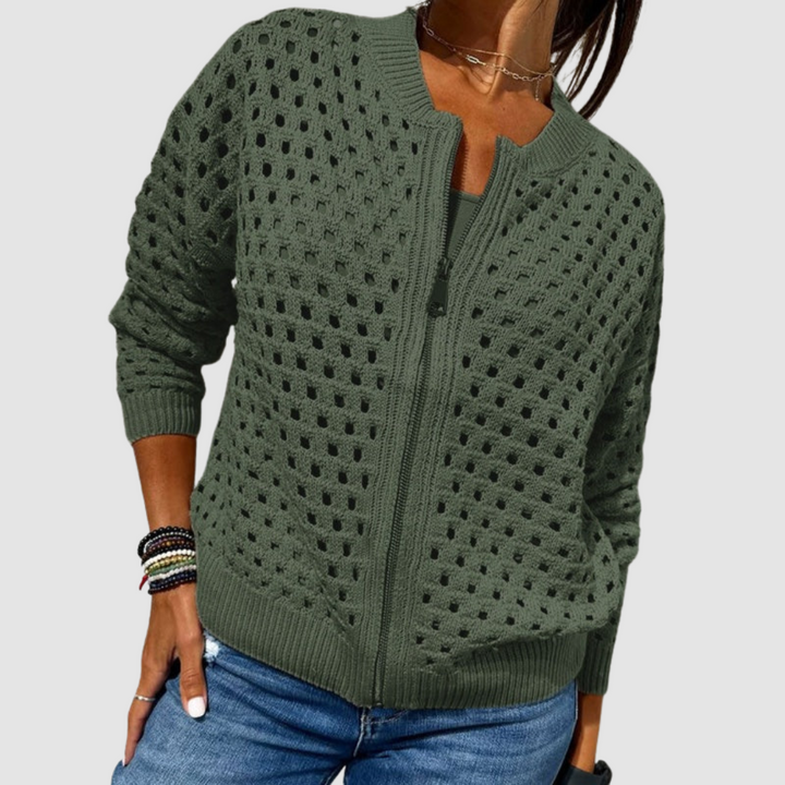 Stylish women's zipper cardigan in a relaxed fit. Elegant long sleeve outerwear, ideal for fall/spring layering.