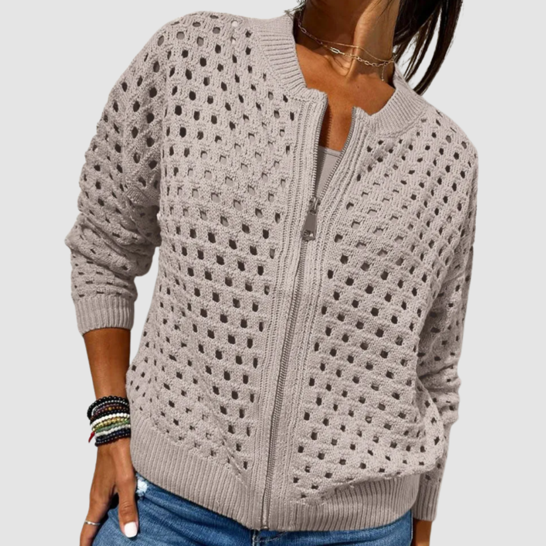 Soft women's elegant zipper cardigan. A versatile long sleeve layering piece, perfect for chic fall and winter outfits.
