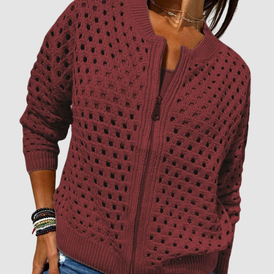 Versatile women's elegant zipper cardigan. Chic long sleeve layering top for casual fall, winter, and spring fashion.