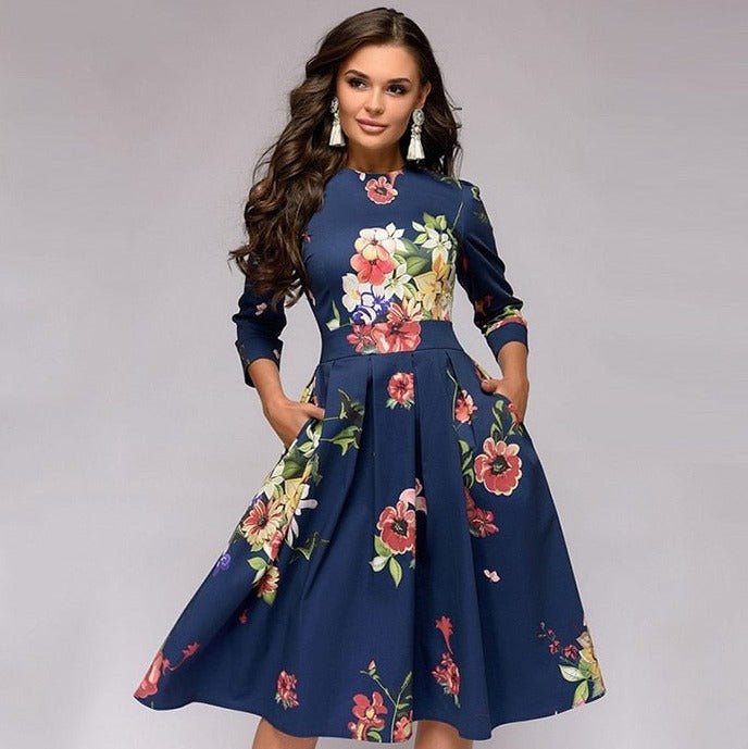 Styling suggestion for a women's floral print A-line knee-length dress with heels.