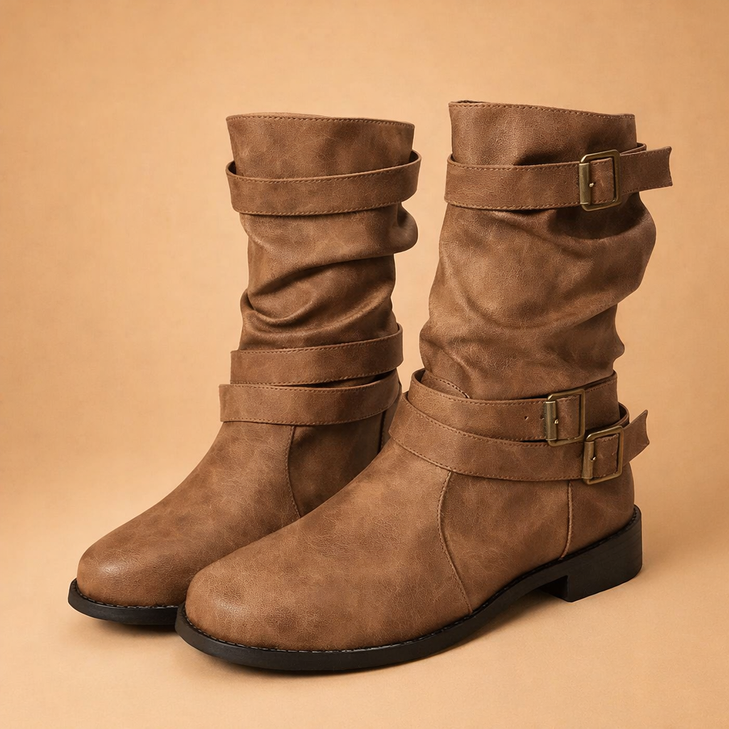 Elegant gray women's mid-calf boots with multiple buckle straps. Chic winter footwear for modern fashion.