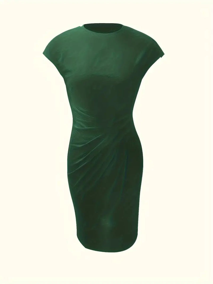 Elegant women's knee-length sheath dress with ruched waist, shown in dark green. Perfect for day-to-night wear.